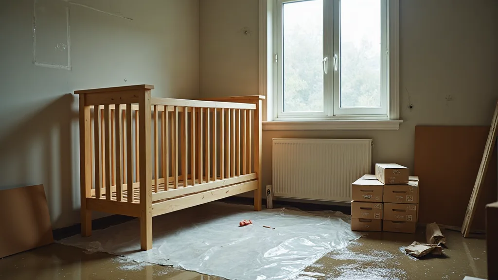 Mon bébé ne tient pas 3h entre les biberons : faut-il s'inquiéter ? Chantier d'aménagement de chambre de bébé avec biberons et carton sous une lumière après la pluie