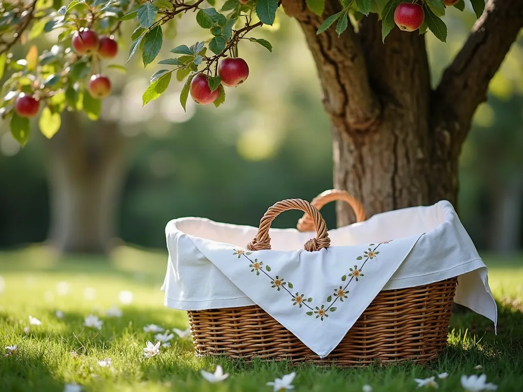 Prénom français rare pour garçon : la liste qui sort vraiment du lot Corbeille en osier sous un pommier en fleurs, symbole de la naissance et du choix du prénom