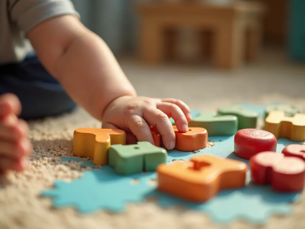Main de bébé posée près de cubes en bois colorés sur un tapis d'éveil