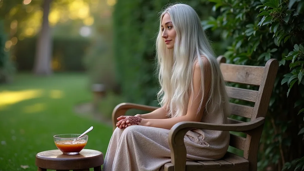 Femme aux cheveux blancs préparant une coloration au henné dans un jardin le matin