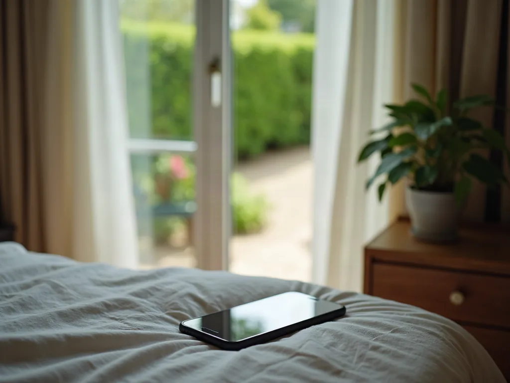 Smartphone posé sur une table de nuit près d'une fenêtre ouvrant sur un jardin l'après-midi