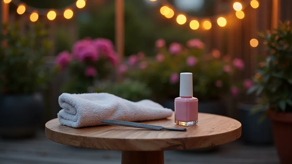 Kit de manucure semi-permanent posé sur une table de jardin au crépuscule