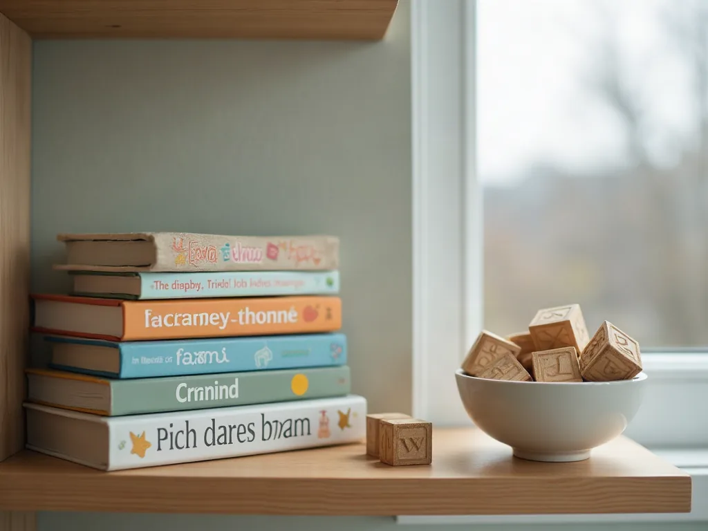 Prénom garçon original et rare : la liste qui sort vraiment du lot Étagère de chambre de bébé avec livres de prénoms et cubes en bois pour choisir un prénom garçon original