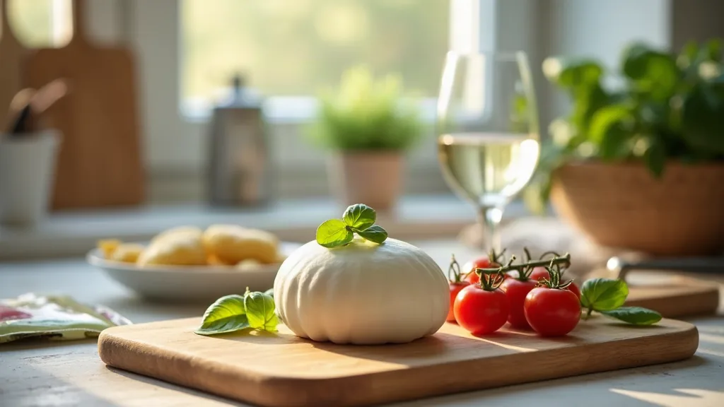 Mozzarella fraîche et tomates cerises sur un plan de travail de cuisine le matin