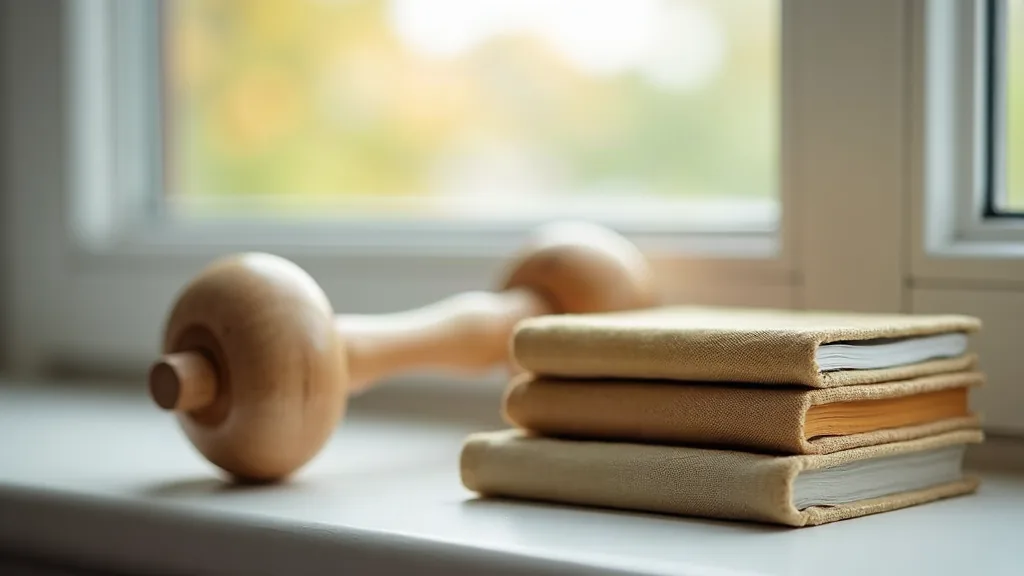 Hochet en bois et livres en tissu sur le rebord d'une fenêtre de chambre d'enfant