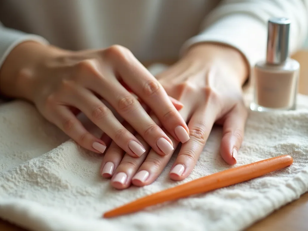 Main aux ongles courts limés en forme ovale avant application du vernis semi-permanent
