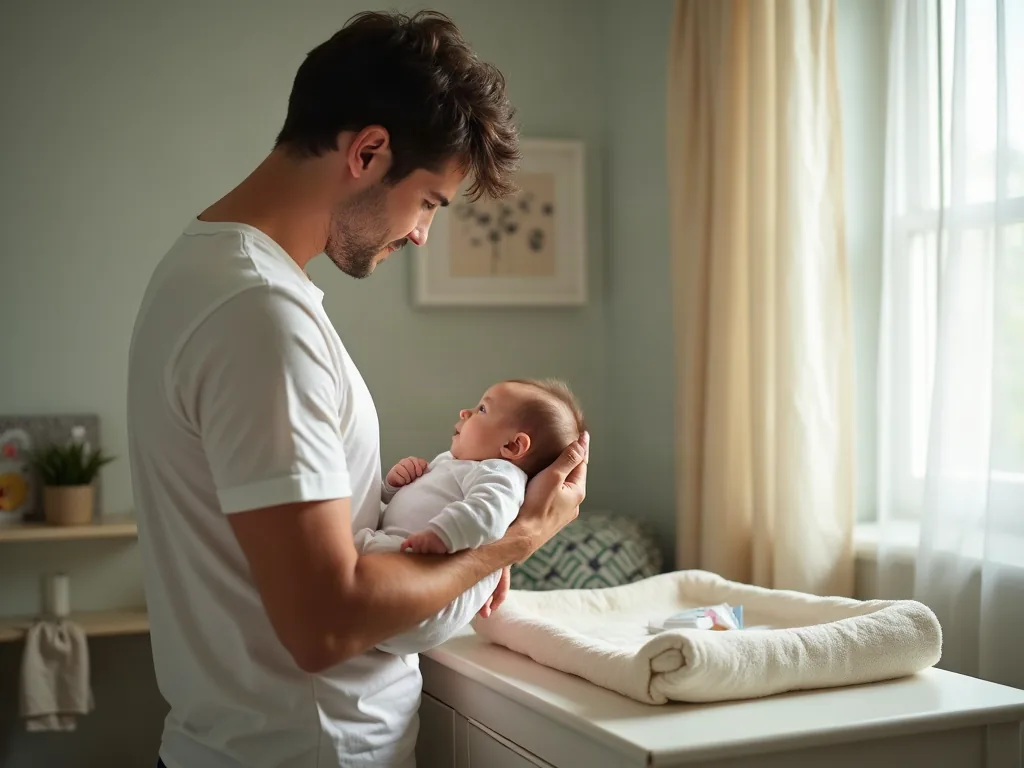 Faut-il vraiment arrêter d'embrasser son enfant sur la bouche ? Père tenant son bébé près d'une table à langer en journée
