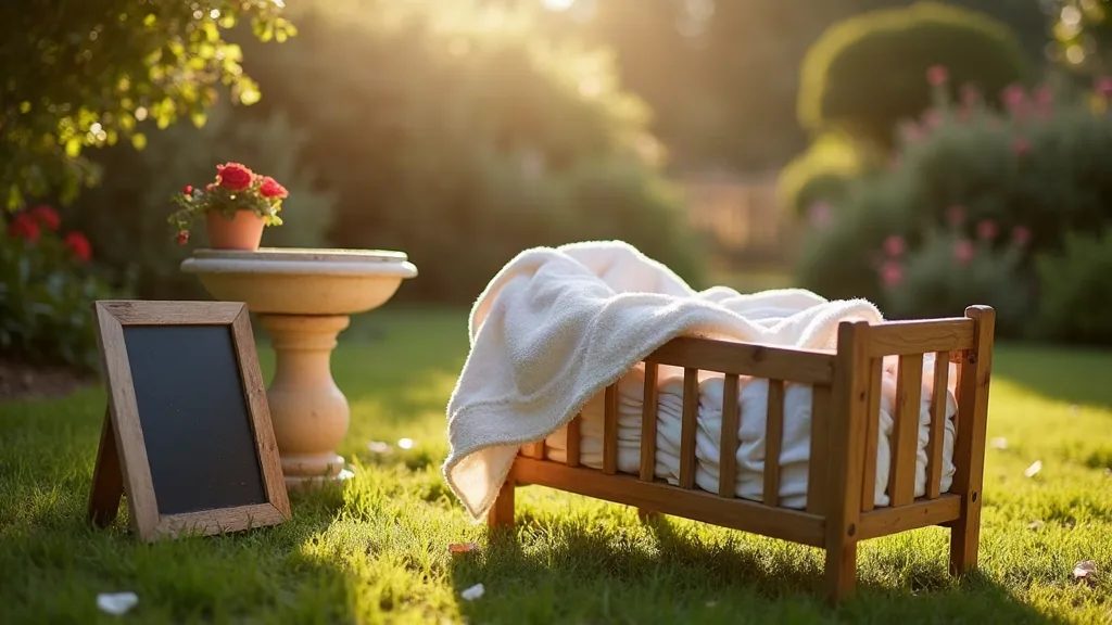Prénom français rare pour garçon : la liste qui sort vraiment du lot Berceau en bois dans un jardin français au petit matin, ambiance douce pour illustrer le choix d'un prénom rare de garçon