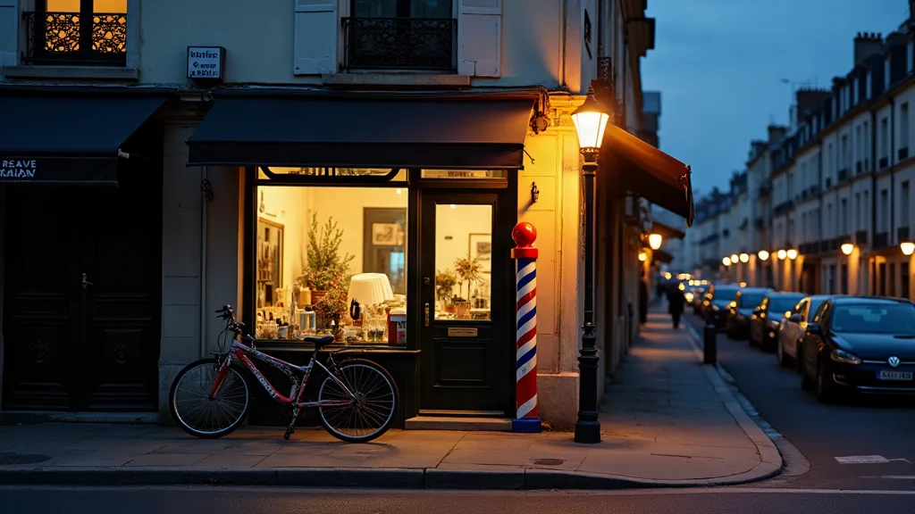Visage rond et double menton : les coupes qui affinent vraiment Rue résidentielle avec salon de coiffure au crépuscule, ambiance coupe de cheveux visage rond