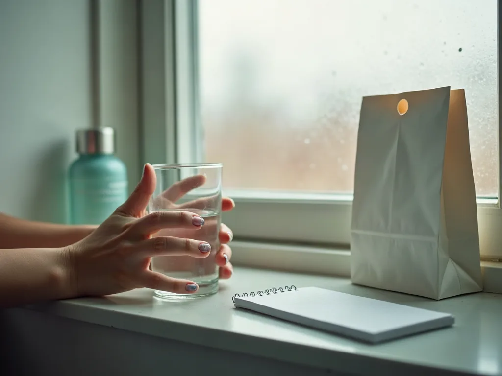 Kyste vulvaire : faut-il s'inquiéter d'une boule sur la vulve ? Main tenant un verre d'eau près d'un sac de pharmacie sur une étagère de salle de bain