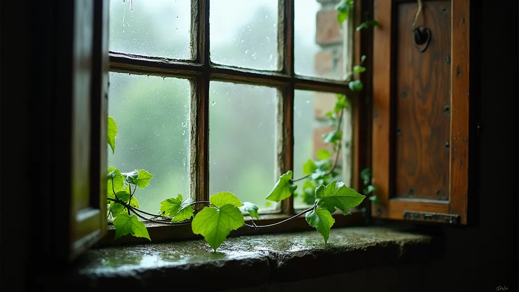 Vue depuis l'intérieur d'une maison vers un jardin après la pluie, symbole d'attente et de calme pendant la grossesse