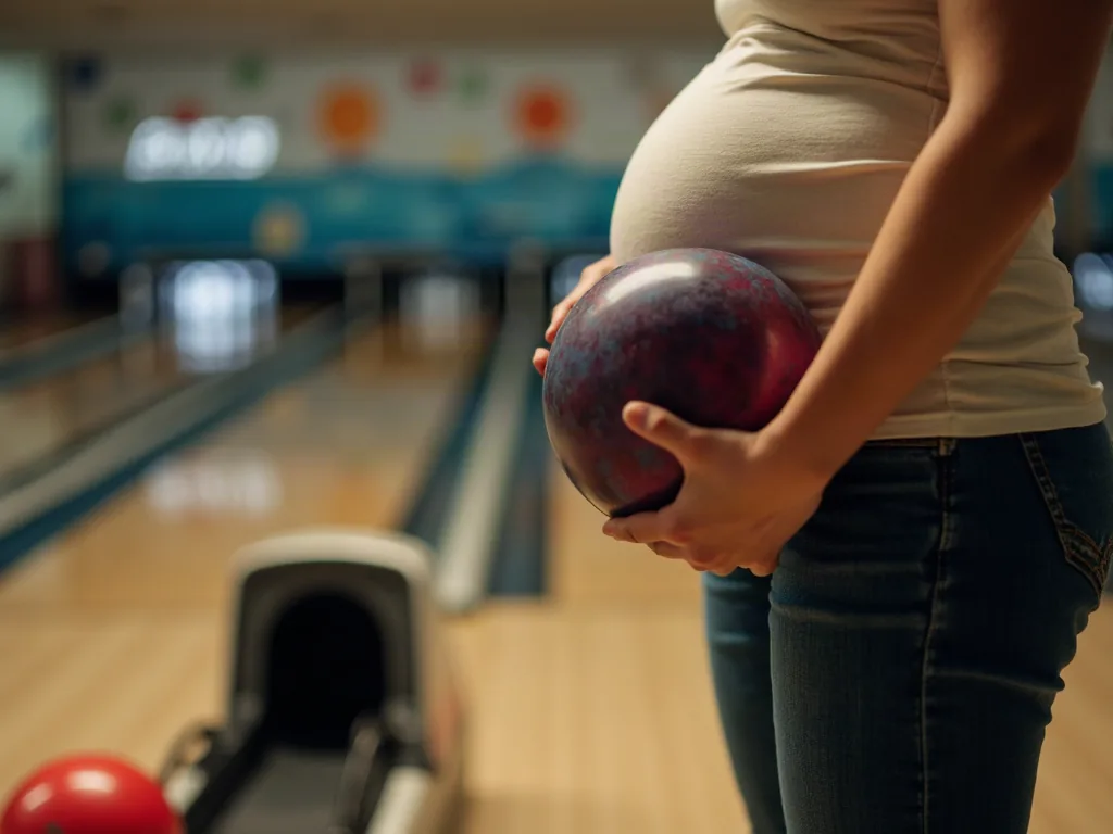 Mains d'une femme enceinte tenant une boule de bowling légère