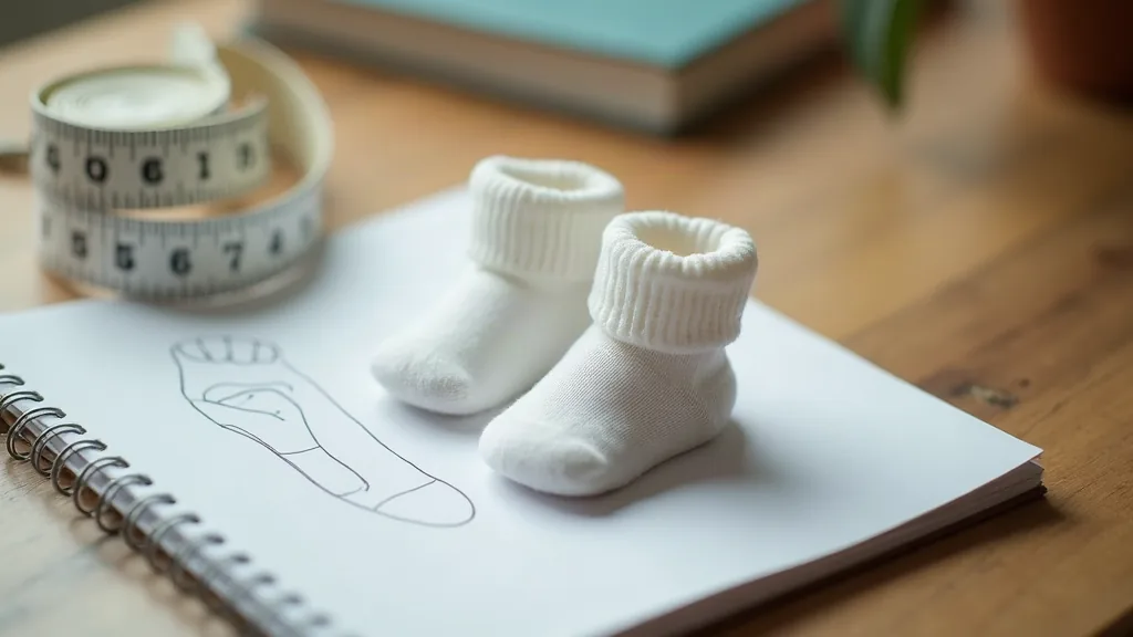 Chaussettes bébé taille : le guide pour ne plus jamais vous tromper Paire de chaussettes de bébé et mètre ruban posés sur un bureau pour mesurer la taille