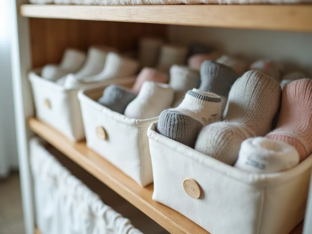 Chaussettes bébé taille : le guide pour ne plus jamais vous tromper Chaussettes de bébé triées par taille dans des paniers de rangement sur une table à langer